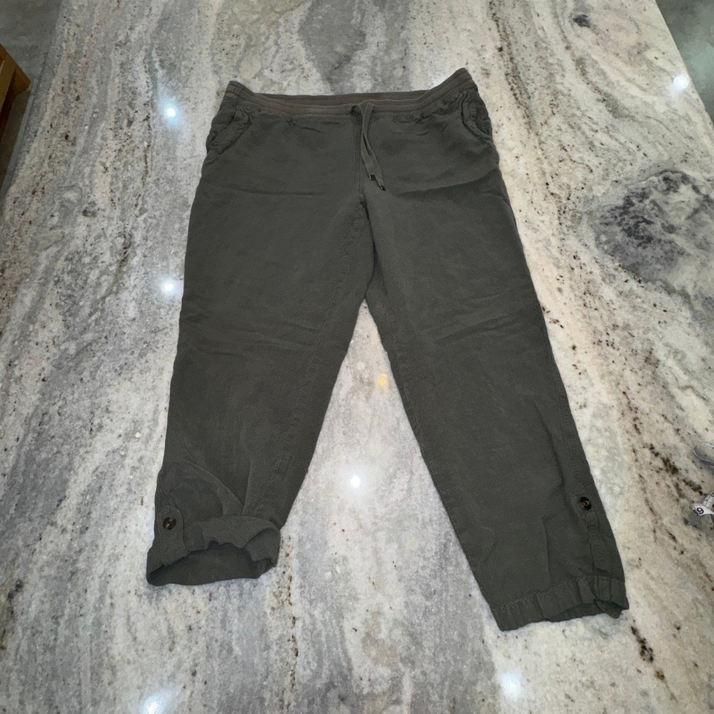J. Jill Women's Large Olive Green Linen‎ Blend Loose Drawstring Pants Ankle Crop